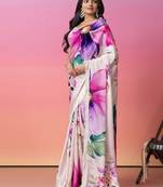 Cream printed art silk traditional saree with blouse piece