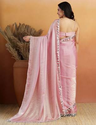 Pink plain tissue festive wear saree with blouse piece 2