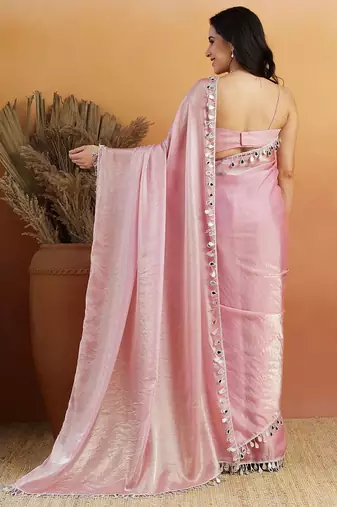 Pink plain tissue festive wear saree with blouse piece