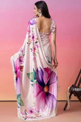 Cream printed art silk traditional saree with blouse piece