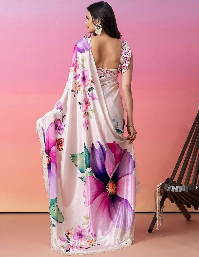 Cream printed art silk traditional saree with blouse piece