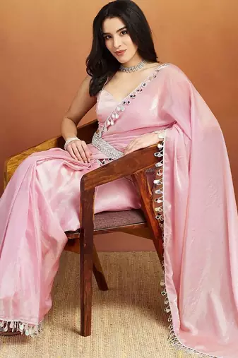Pink plain tissue festive wear saree with blouse piece