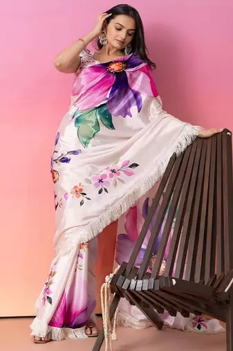 Cream printed art silk traditional saree with blouse piece