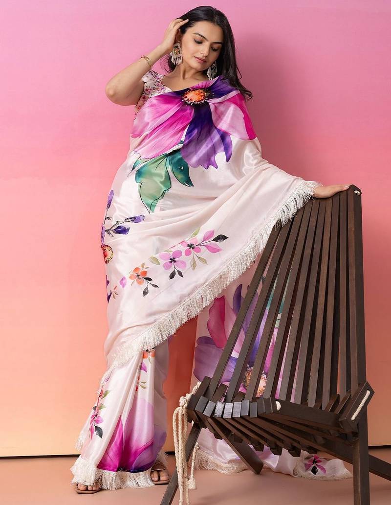 Cream printed art silk traditional saree with blouse piece