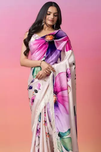 Cream printed art silk traditional saree with blouse piece