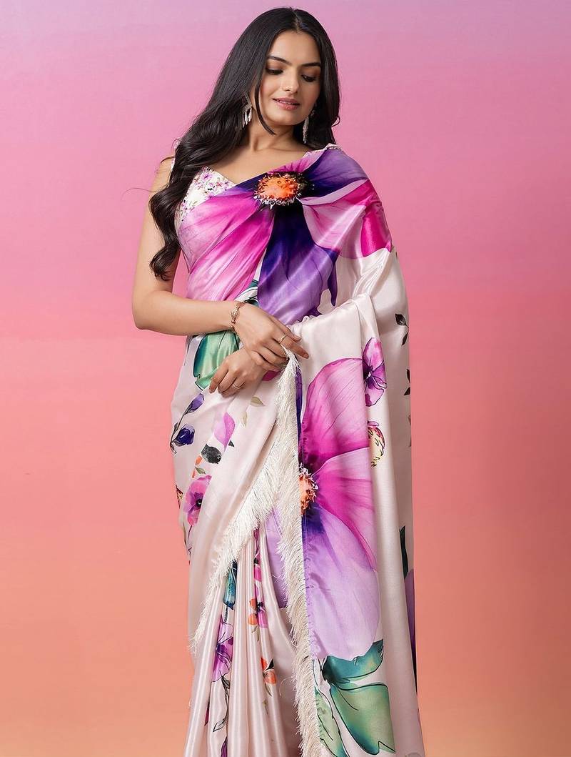 Cream printed art silk traditional saree with blouse piece
