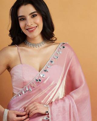 Pink plain tissue festive wear saree with blouse piece 5
