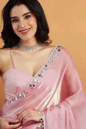Pink plain tissue festive wear saree with blouse piece