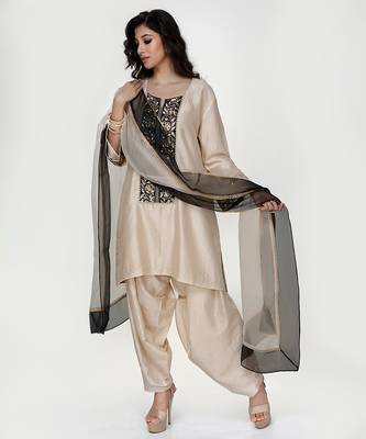 Champagne beige embroidered texture silk kurta dhoti set 1