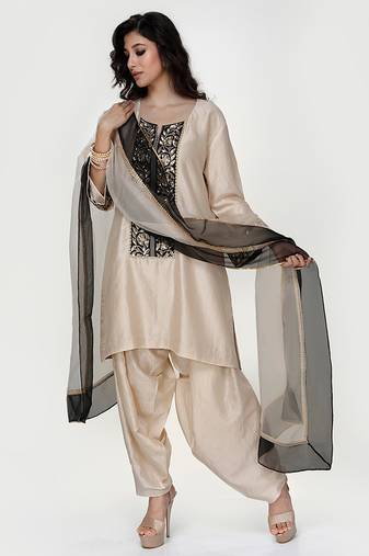 Champagne beige embroidered texture silk kurta dhoti set