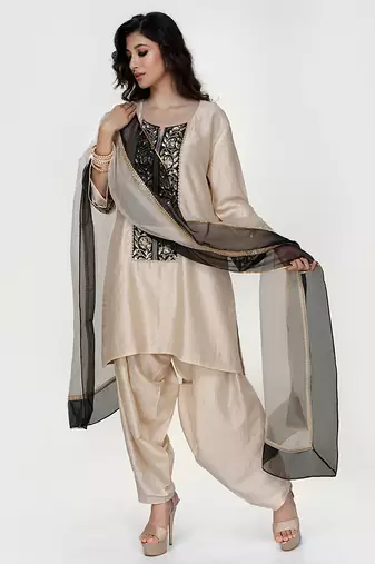 Champagne beige embroidered texture silk kurta dhoti set