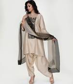 Champagne beige embroidered texture silk kurta dhoti set