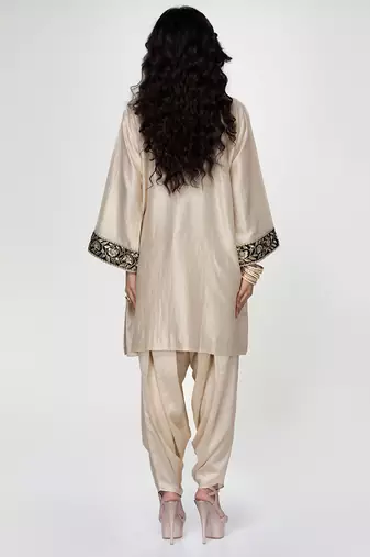Champagne beige embroidered texture silk kurta dhoti set