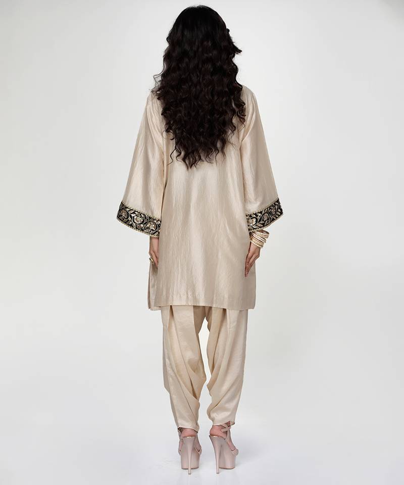 Champagne beige embroidered texture silk kurta dhoti set