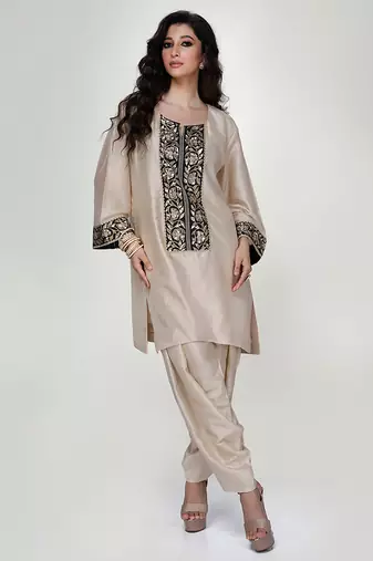 Champagne beige embroidered texture silk kurta dhoti set