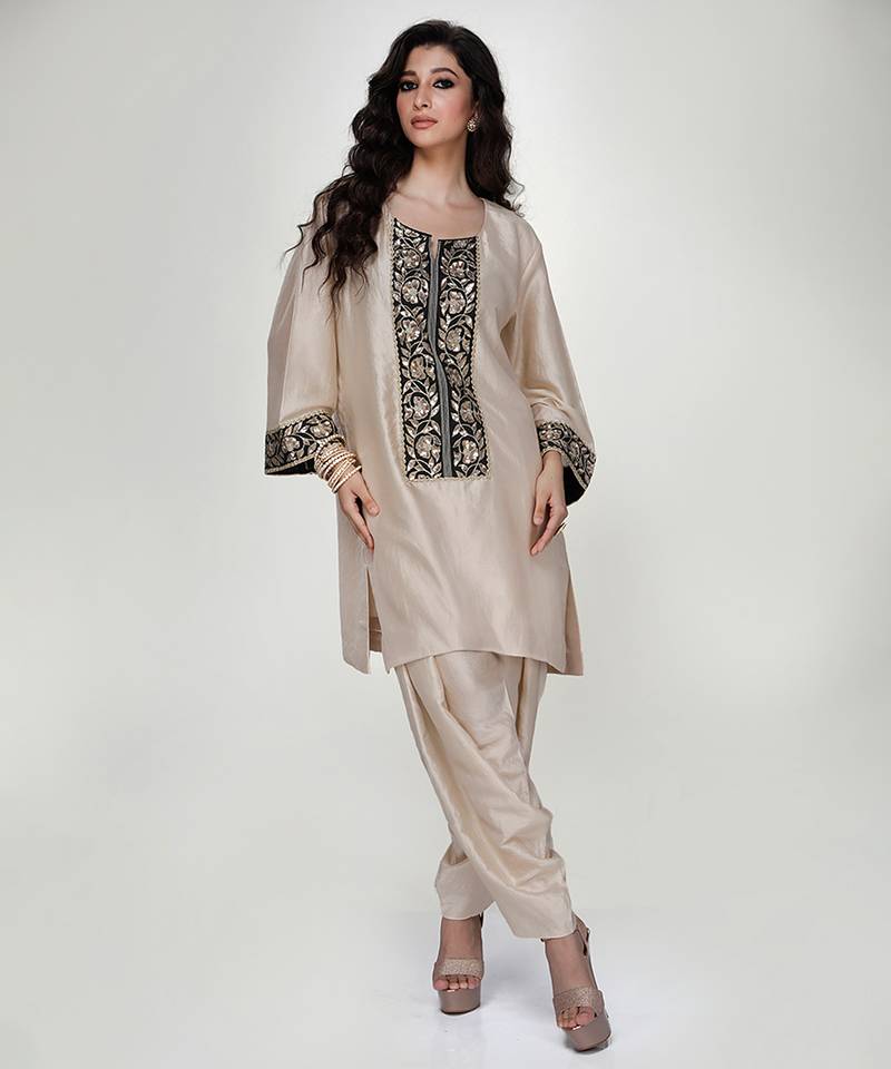 Champagne beige embroidered texture silk kurta dhoti set