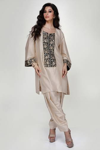 Champagne beige embroidered texture silk kurta and dhoti salwar