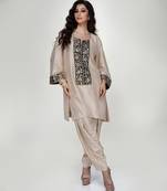 Champagne beige embroidered texture silk kurta and dhoti salwar