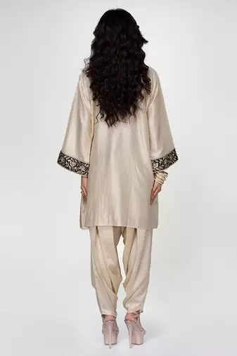Champagne beige embroidered texture silk kurta and dhoti salwar