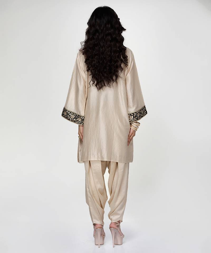Champagne beige embroidered texture silk kurta and dhoti salwar