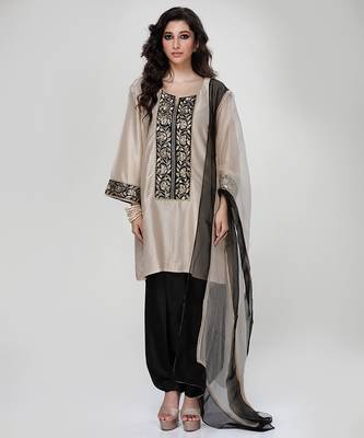 Champagne beige embroidered texture silk kurta black dhoti set 1