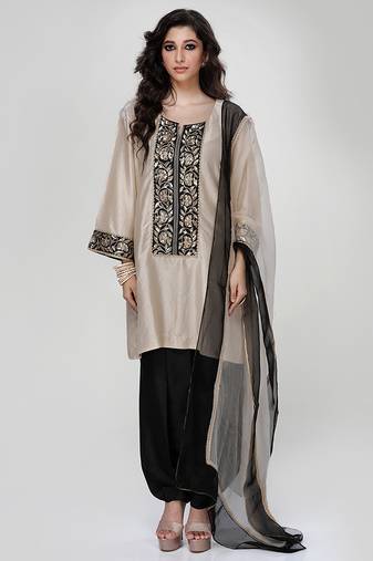 Champagne beige embroidered texture silk kurta black dhoti set