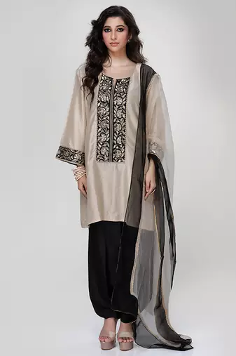 Champagne beige embroidered texture silk kurta black dhoti set