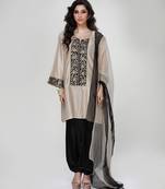 Champagne beige embroidered texture silk kurta black dhoti set