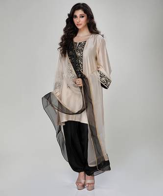 Champagne beige embroidered texture silk kurta black dhoti set 2