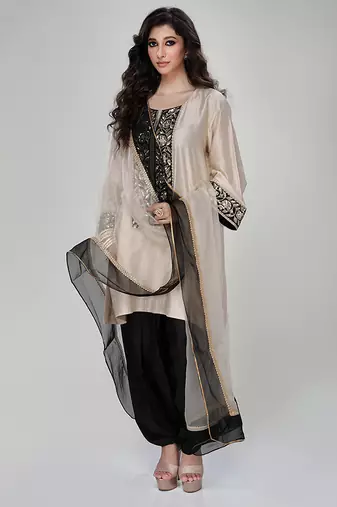 Champagne beige embroidered texture silk kurta black dhoti set