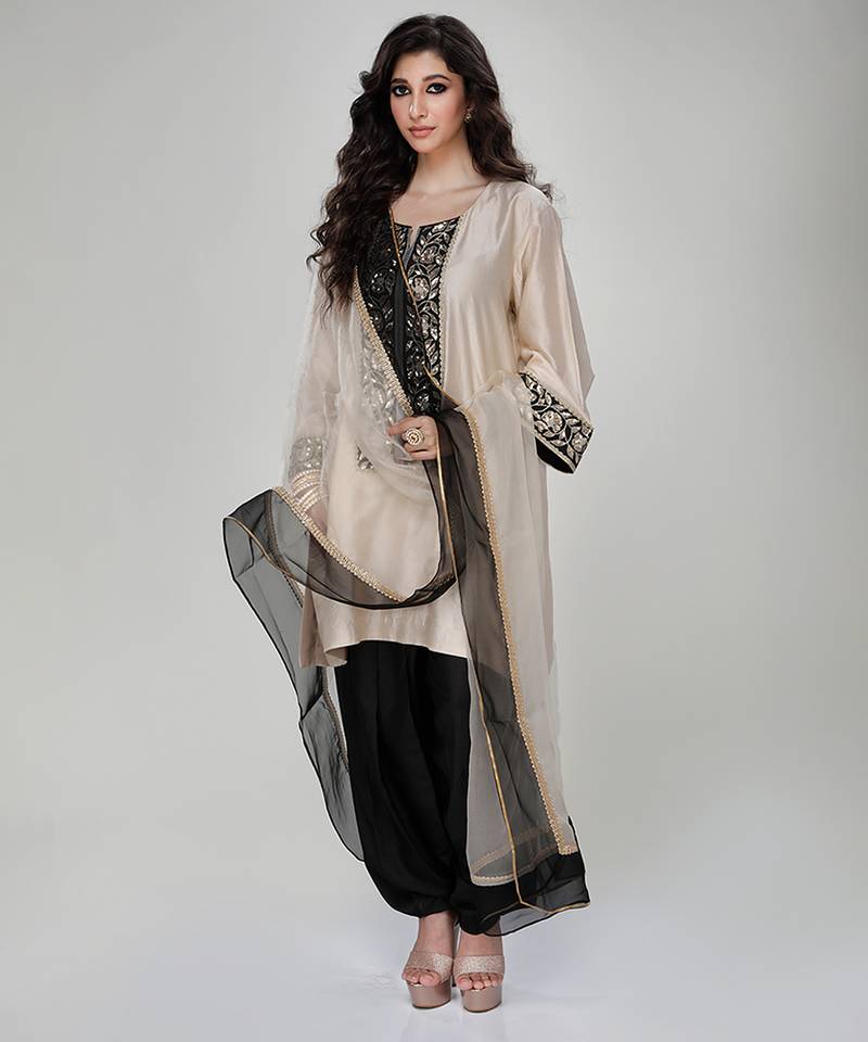 Champagne beige embroidered texture silk kurta black dhoti set