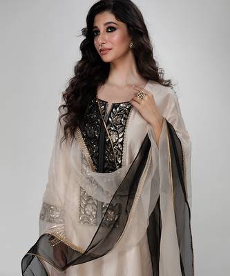 Champagne beige embroidered texture silk kurta black dhoti set 3