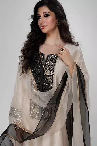 Champagne beige embroidered texture silk kurta black dhoti set