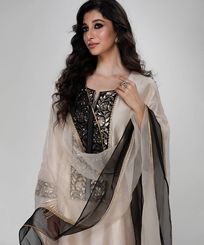 Champagne beige embroidered texture silk kurta black dhoti set