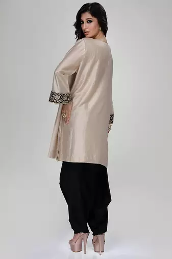 Champagne beige embroidered texture silk kurta black dhoti set