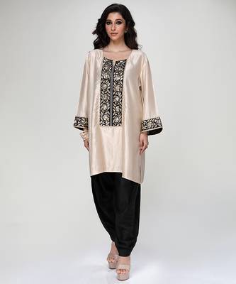 Champagne beige embroidered texture silk kurta and black dhoti salwar 1