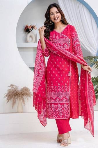Multicolor cotton angrakha pattern kurti-pant-dupatta set