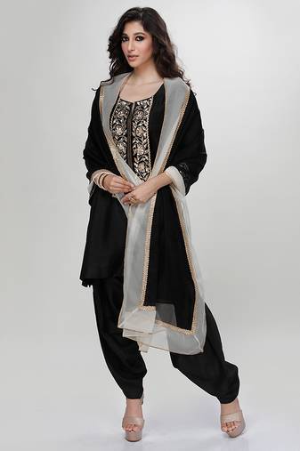 Black embroidered matt blended silk kurta dhoti set