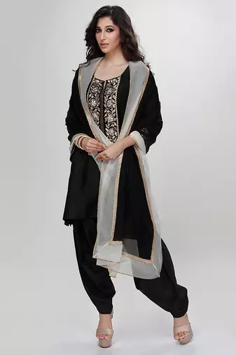 Black embroidered matt blended silk kurta dhoti set