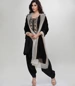 Black embroidered matt blended silk kurta dhoti set