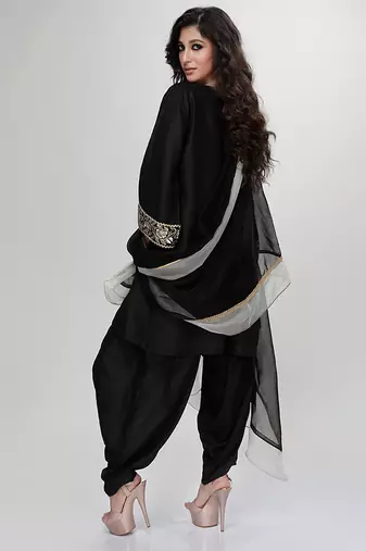 Black embroidered matt blended silk kurta dhoti set