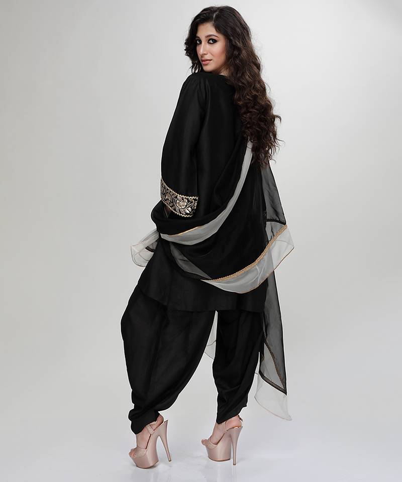 Black embroidered matt blended silk kurta dhoti set