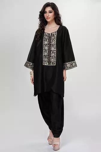 Black embroidered matt blended silk kurta dhoti set