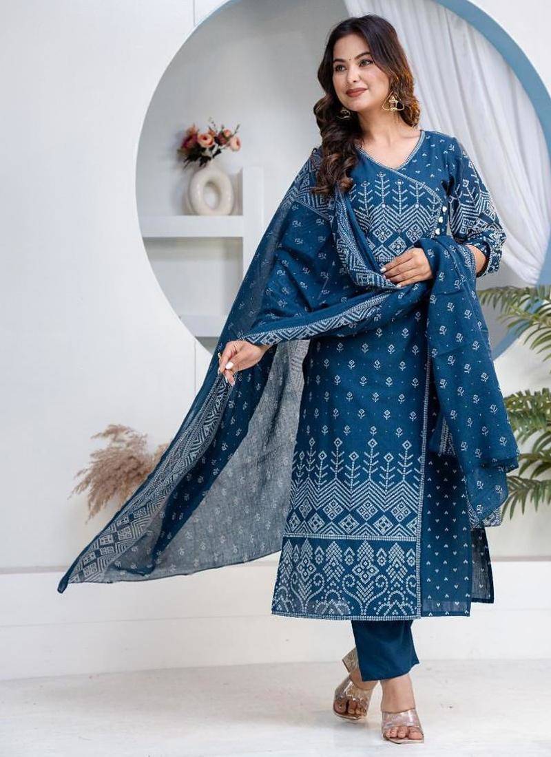 Blue cotton angrakha pattern kurti-pant-dupatta set