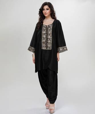 Black embroidered matt blended silk kurta and dhoti salwar 1