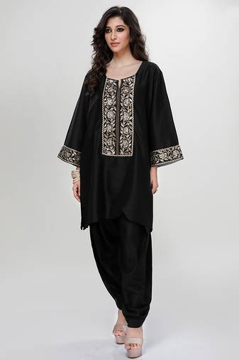Black embroidered matt blended silk kurta and dhoti salwar