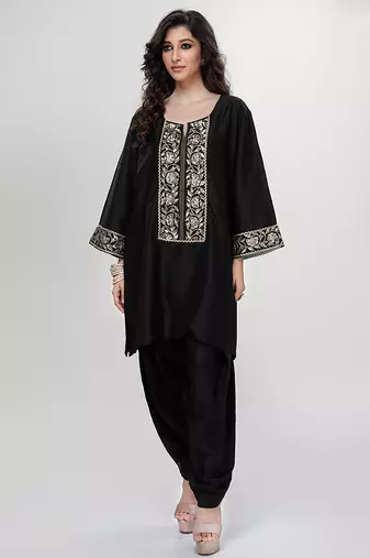 Black embroidered matt blended silk kurta and dhoti salwar