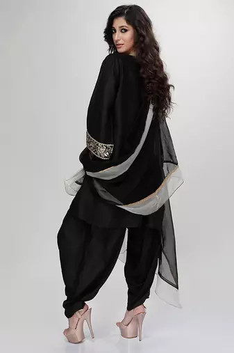 Black embroidered matt blended silk kurta and dhoti salwar