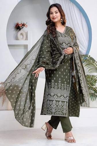 Green cotton angrakha pattern kurti-pant-dupatta set