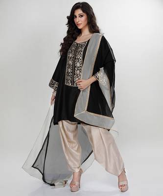 Black embroidered matt blended silk kurta beige dhoti set 1